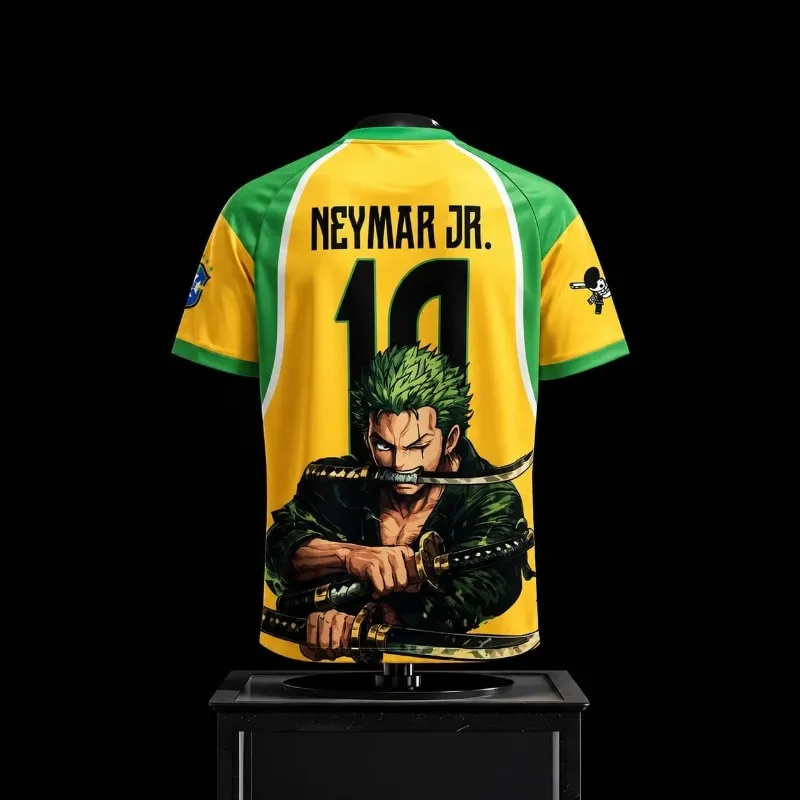 2026 New One Piece Brazil No. 10 Jersey – Roronoa Zoro Three-Sword Style Anime Print Quick-Dry Short-Sleeve (Family Matching)