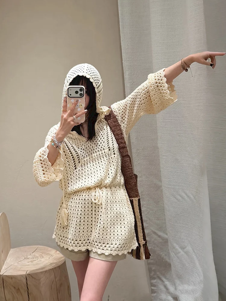 Trendy Hollow out Hat Drawstring Waist Dress Ladies Hook Needle Mesh Early Autumn 2026 Casual Style Cotton Polyester Long Sle...