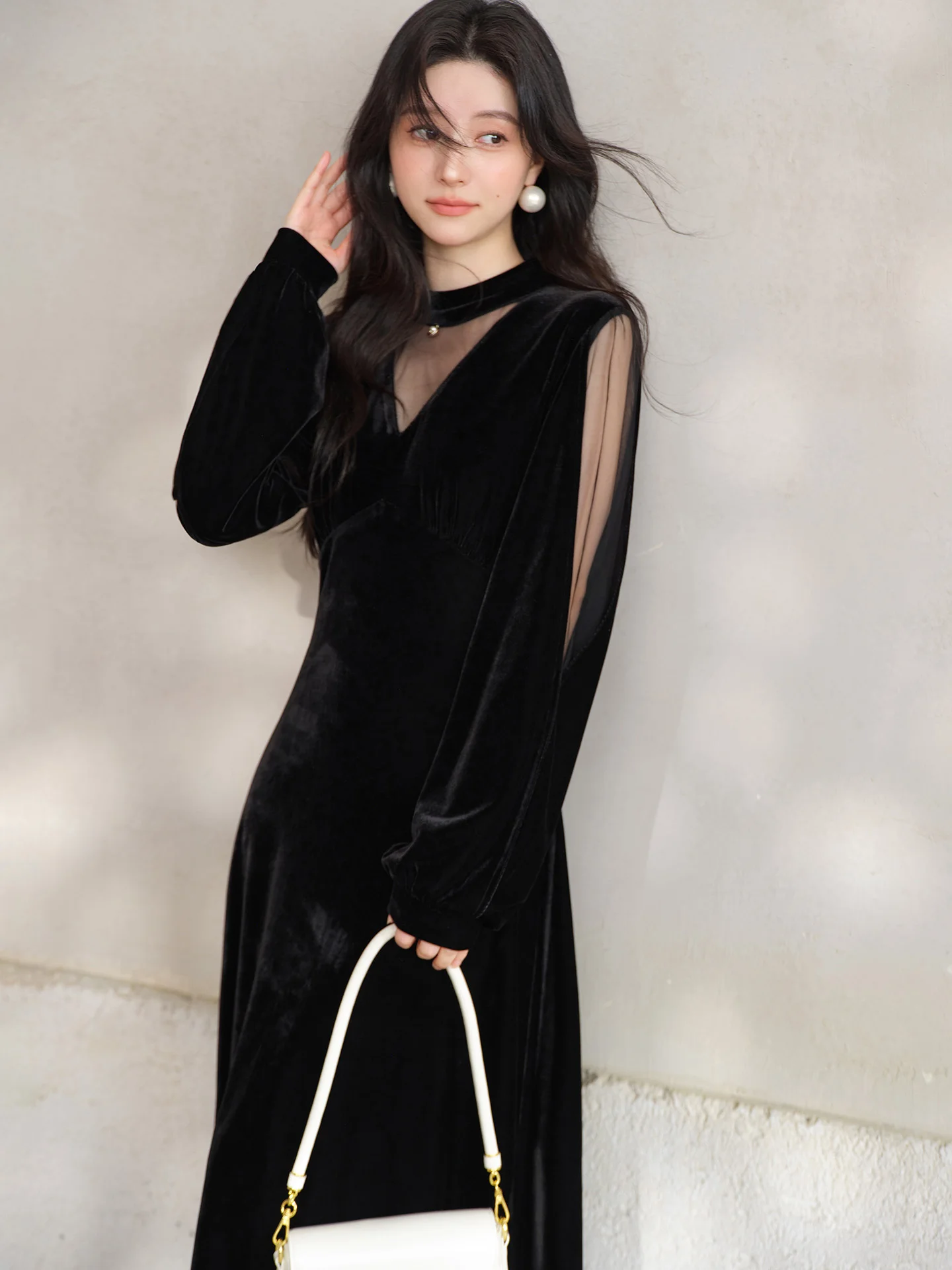 Samt-Maxikleid für Damen, elegant, V-Ausschnitt, Netzkleid, schmale Passform, Frühlings-Langarmkleid, schickes Abend-Outfit für den täglichen Anlass