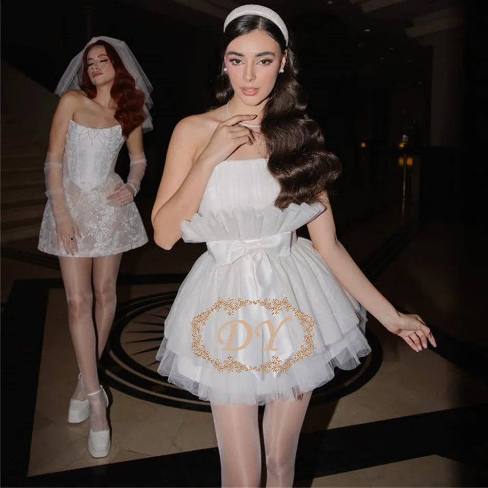 

DY Modern Glitter Short A-Line Wedding Dresses Strapless Tulle Mini Bridal Gown Customized Lace-up Back Robe De Mariage
