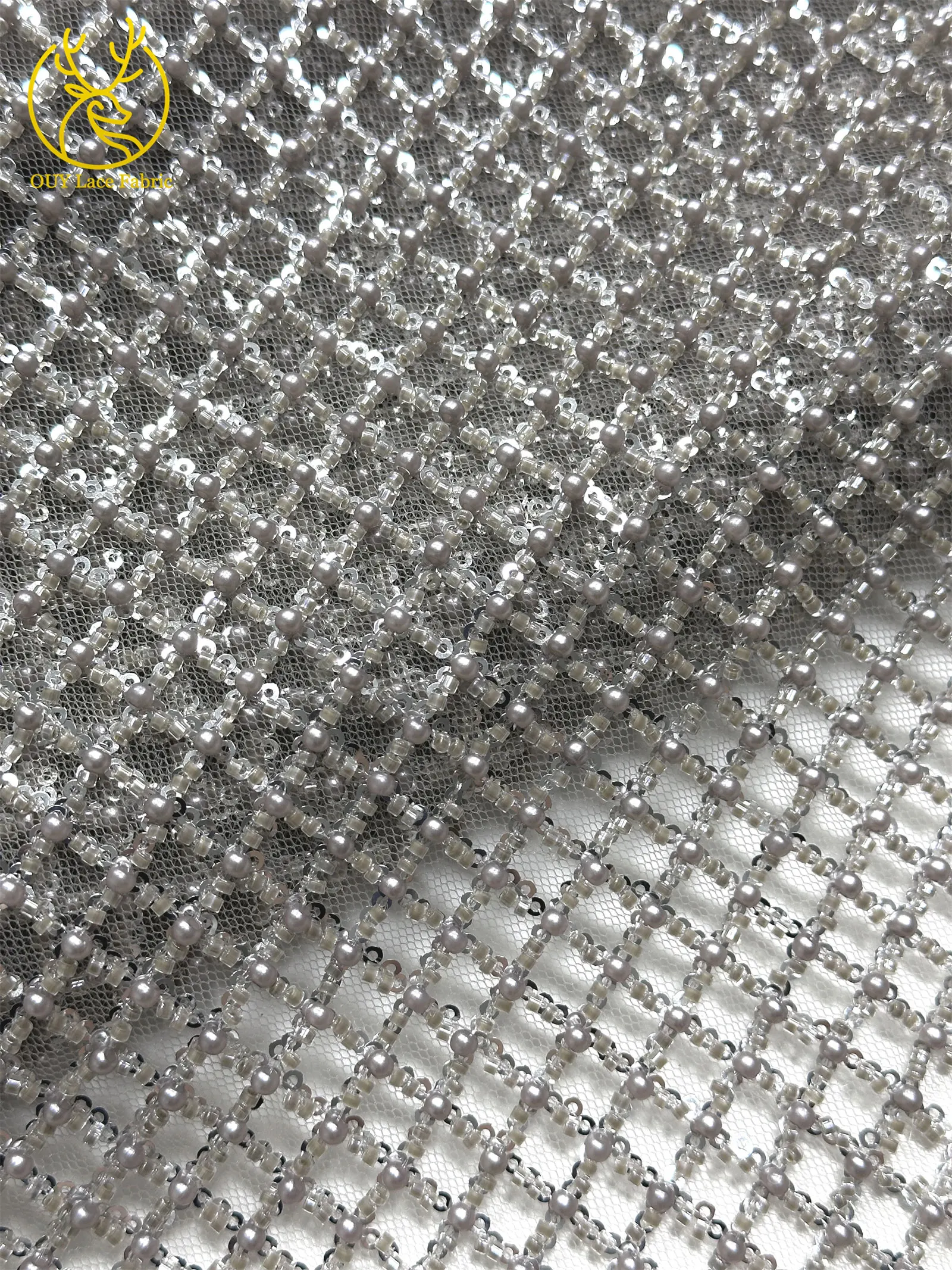 Luxuriöser Partykleid-Spitzenstoff, Tüll-Spitzenstoff mit Perlen, Hochwertiger Pailletten-Netz-Spitzenstoff für Hochzeitskleider, 5 Yards – Detail 19