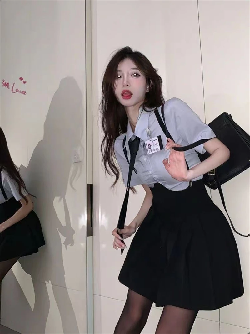 European American Style Girls Hotsweet Strap Dress Black Pleated Dress Blue Shirt Women's Summer New Academy Uniform Set S-4XL