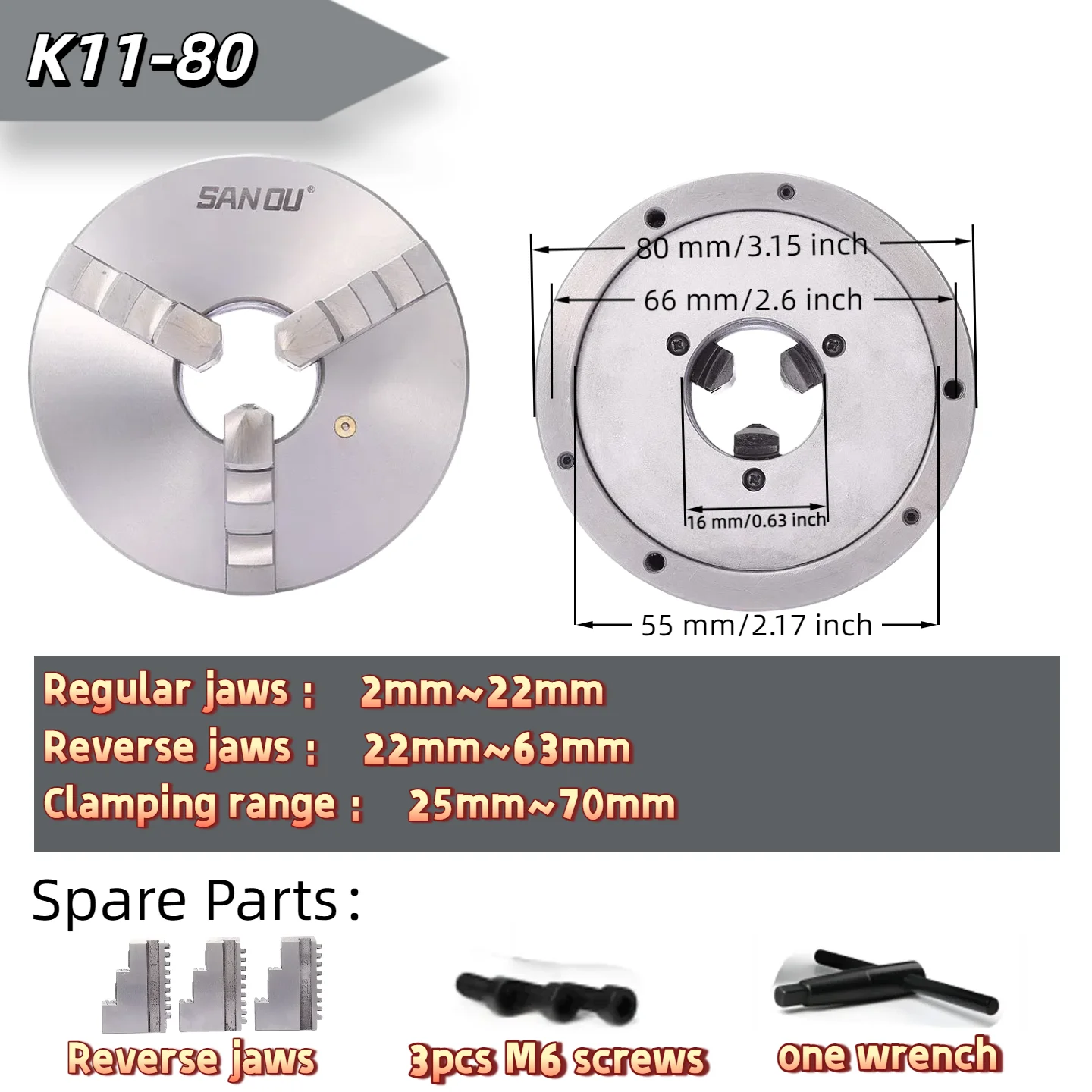 HOT SANOU 3-Jaw Self-Centering Lathe Chuck K11-80mm-130mm Front Mount 3-Hole Manual Metal Chuck