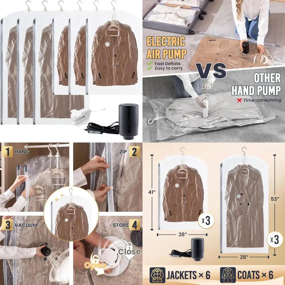 

Electric Air Pump Vacuum Storage Bags - Space-Saving for Clothes & Accessories, 3 Long & 3 Short, Organizers