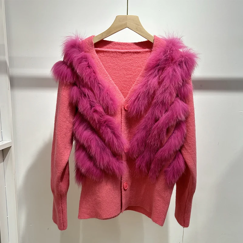 Women Autumn Rose Red Real Fox Fur Coat Lady's Camel Thick Fur Sweater Knitted Button Coat