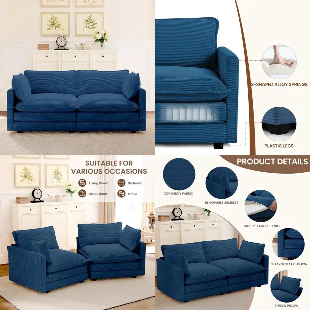 Modern Convertible Corduroy Loveseat Sleeper Sofa with 2 Pillows - Cozy Sectional for Living Room
