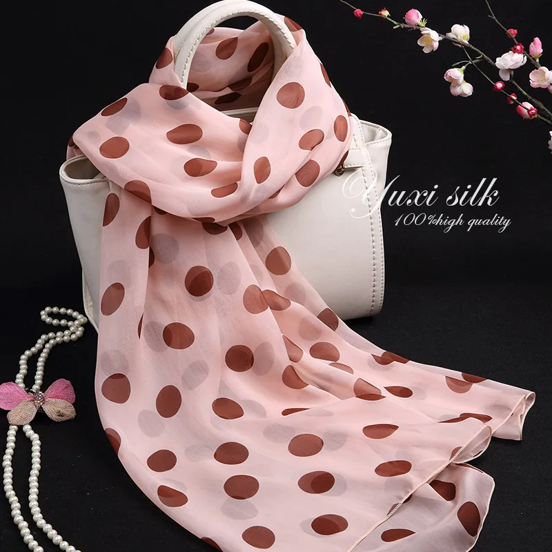 Hoge kwaliteit koffie roze stippen stippen 100% zijde lange sjaal dames lente, herfst en winter zomer
