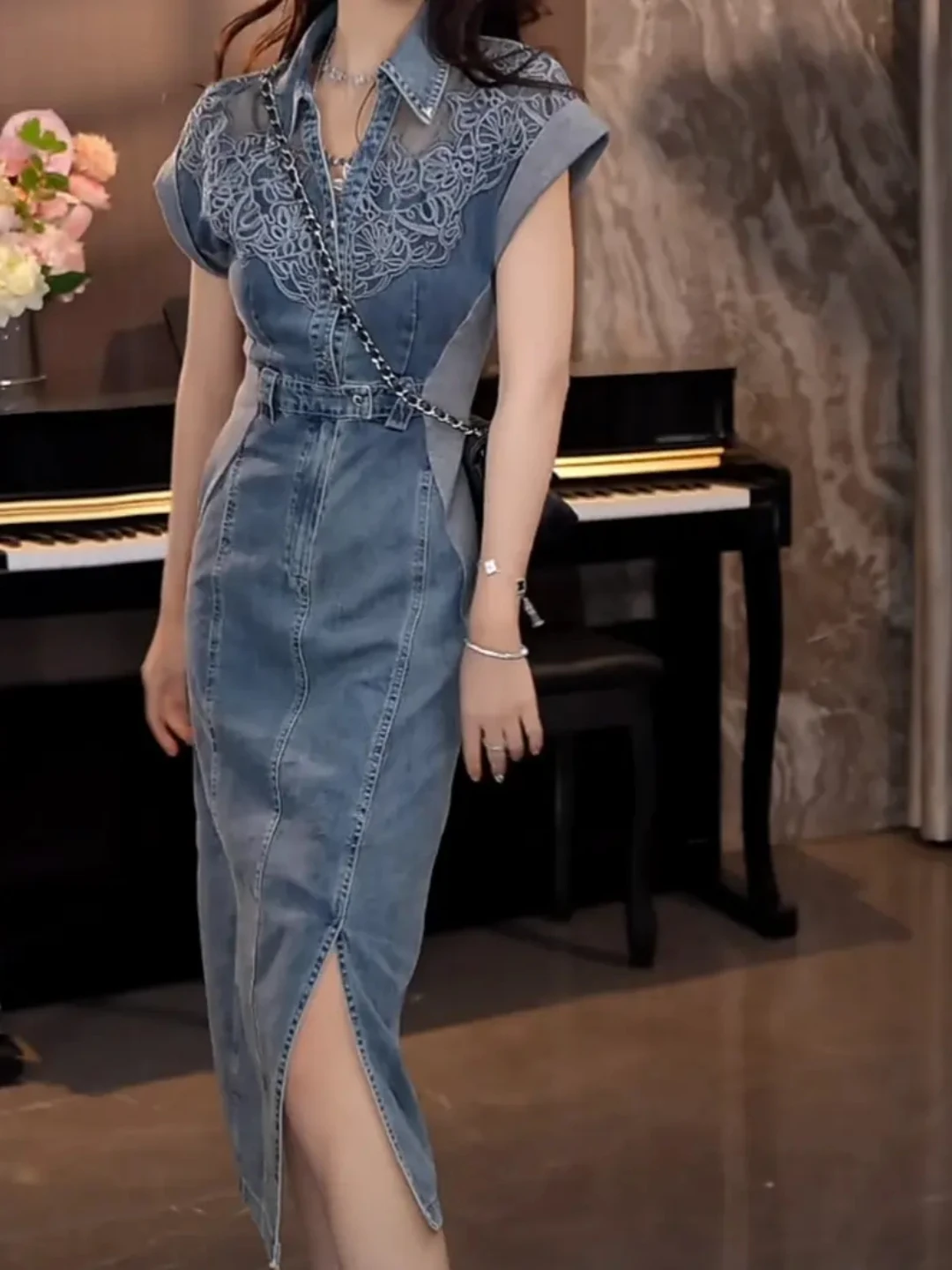 Rétro v-ne décontracté taille haute fendu longueur Midi dentelle épissage Denim Dr femmes Faionable Ele Sle été Dr