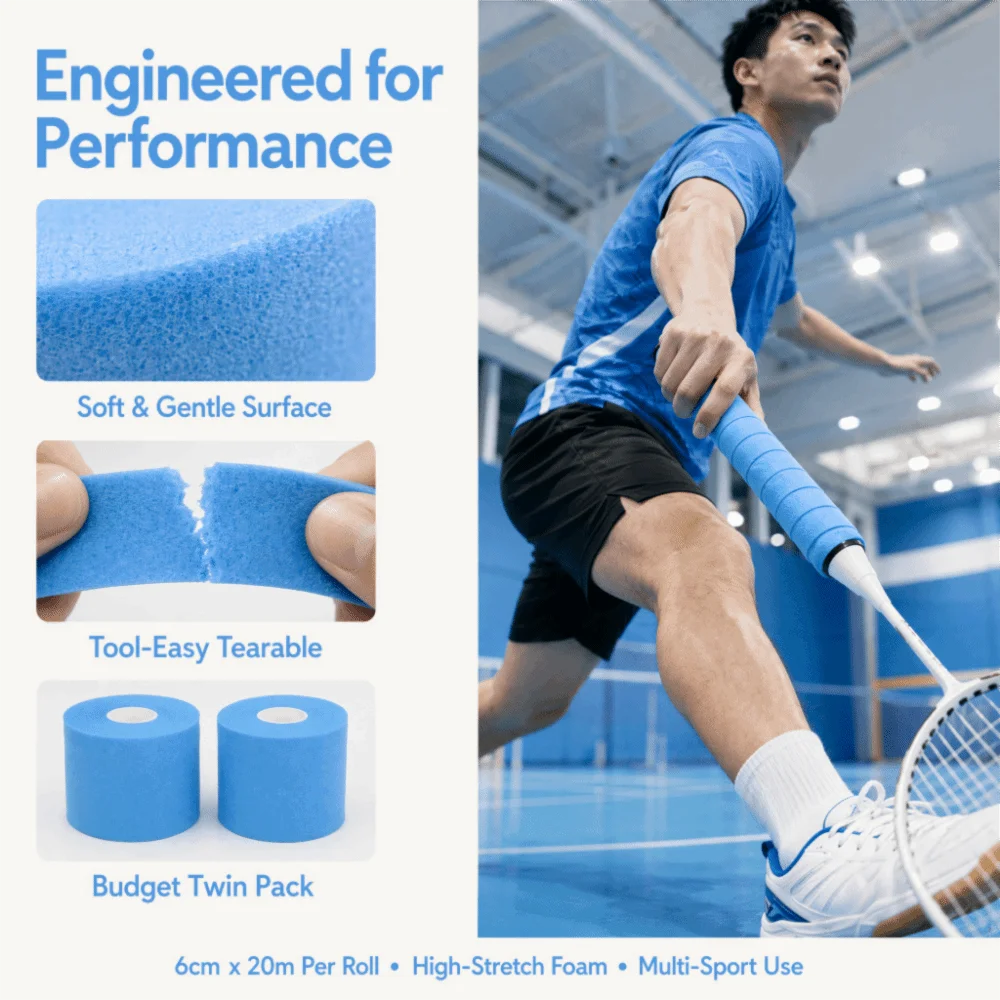 2PCS Shockproof Foam Underwrap Breathable Soft Foam Sports Wrap Elastic Hand Tearable Athletic Tape For Badminton Racket