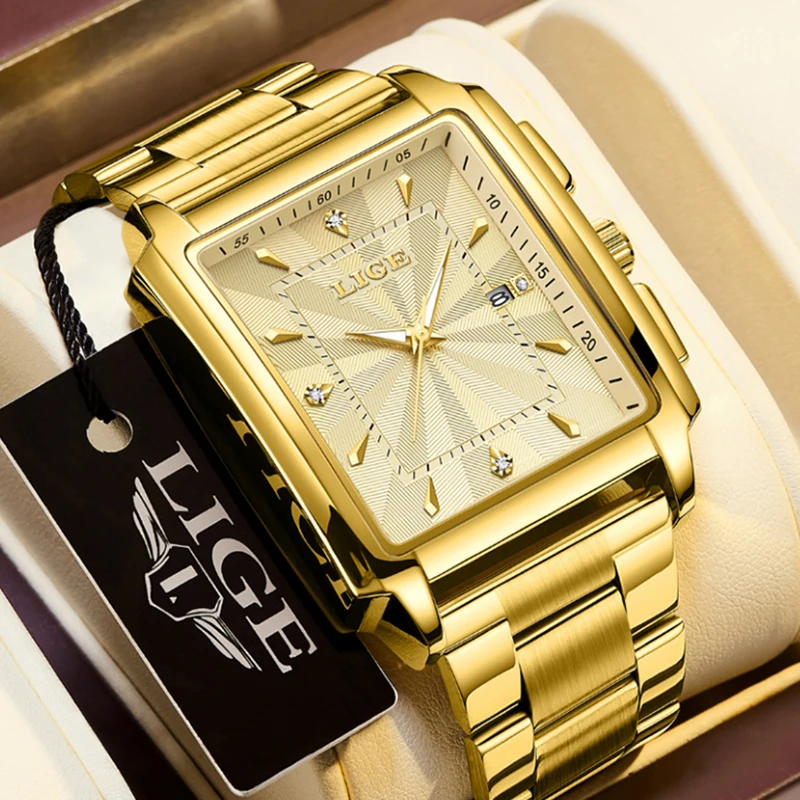 Relogio Masculino LIGE Gold Watch Men Square Mens Watches Top Brand Luxury Golden Quartz Stainless Steel Waterproof Wrist Watch