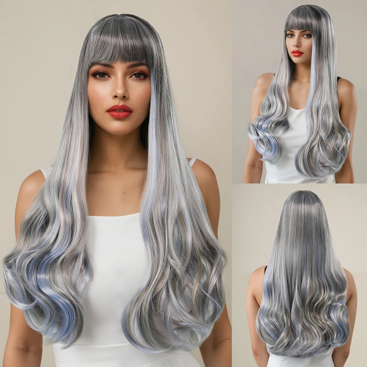 

Женские длинные волосы, полный головной убор, шерстяные завитки, серый, синий парик, большие волнистые вьющиеся волосы, длинные вьющиеся волосы Лолиты