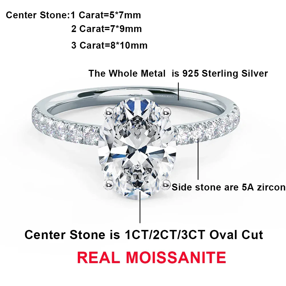 Anéis de Noivado Moissanite para Mulheres, Corte Oval, Laboratório Cor D, Diamante Criado, Ouro Branco 18K, Casamento, Prata 925, 3ct