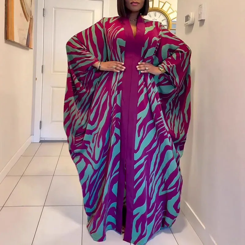 Damskie sukienki maxi na jesień z długim rękawem, w stylu boho, rozkloszowane, nowość 2025, idealne na wakacje, plażę, z szalem, luźne, z rozcięciem, z nadrukiem vintage.