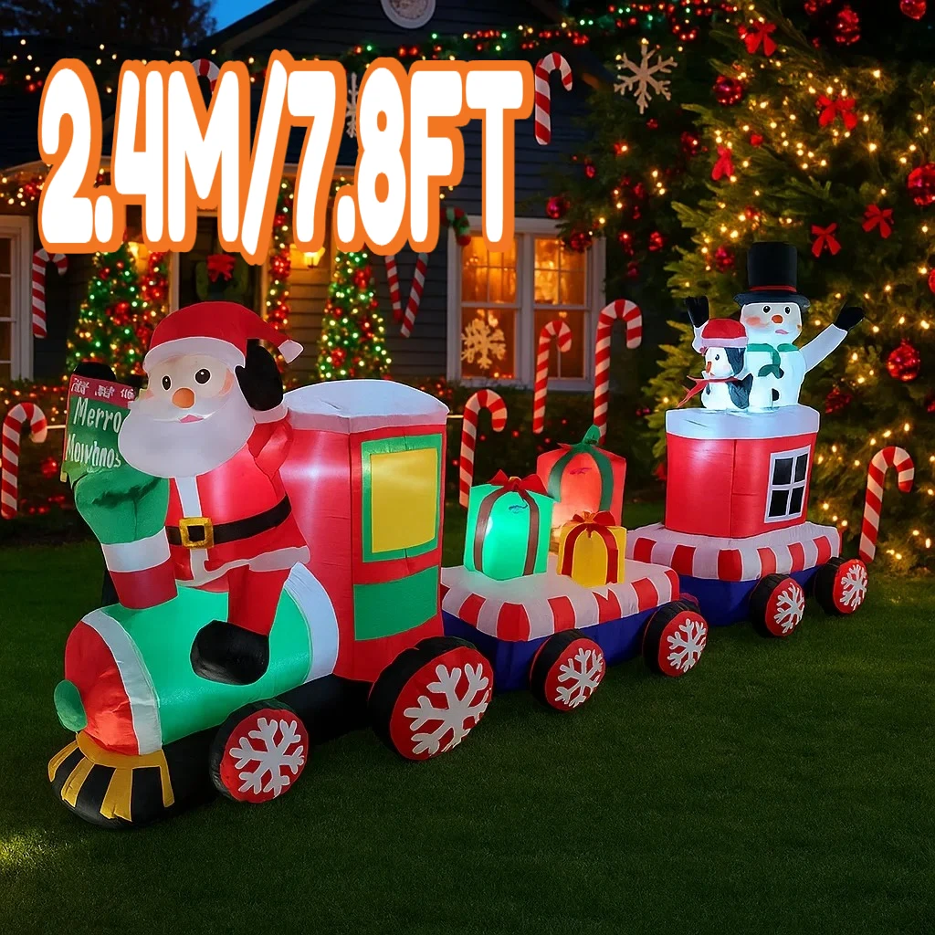 2.4M/7.8FT Inflatable Santa Train Snowman with Gifts Light LED Home Holiday Lighting Decor Yard Xmas Supplies Outdoor Lawn Yard
