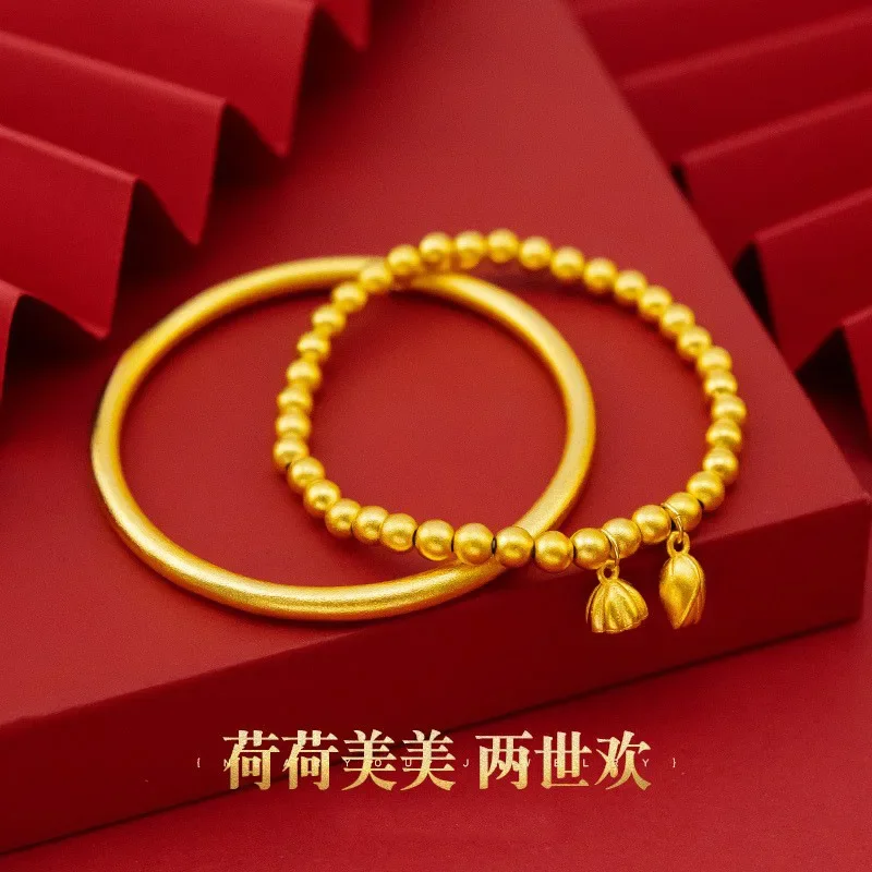 

9999 Real Gold 24K Genuine Lotus Ancient Method Inheritance Two Worlds Lotus Bracelet Gold Bracelet