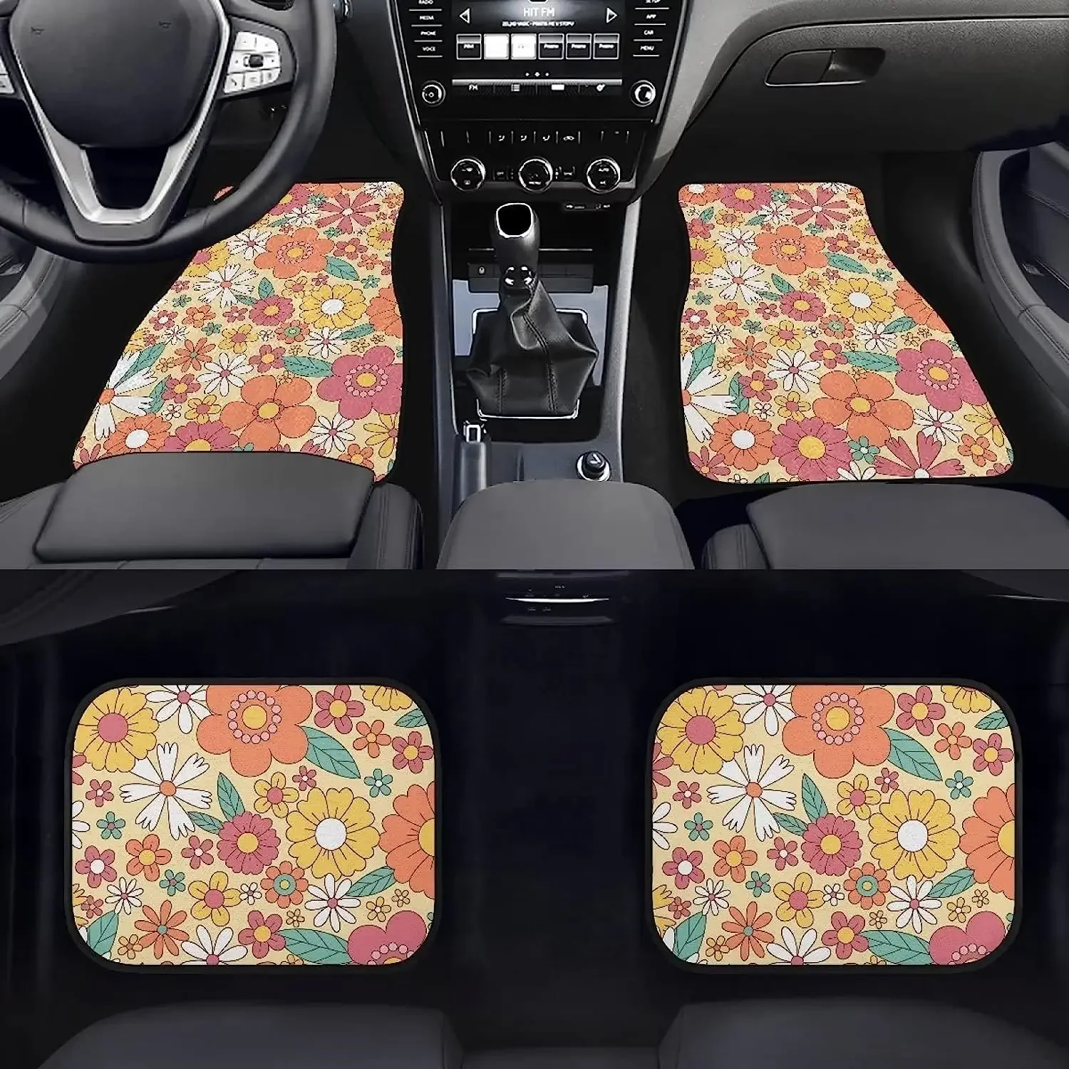 Hippie Groovy Flower Floral Pattern 4 Pieces Floor Mat for Car Auto Interior Protector Accessories Universal Fit Most Vehicle