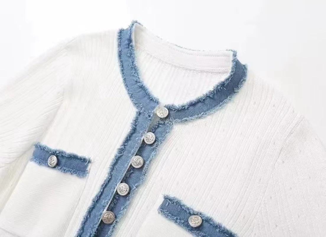 STYLISH LADY Denim Patchwork Knitted Dress 2025 Autumn Women Short Sleeve O Neck Button Bodycon Elegant OL Party Maxi Dresses