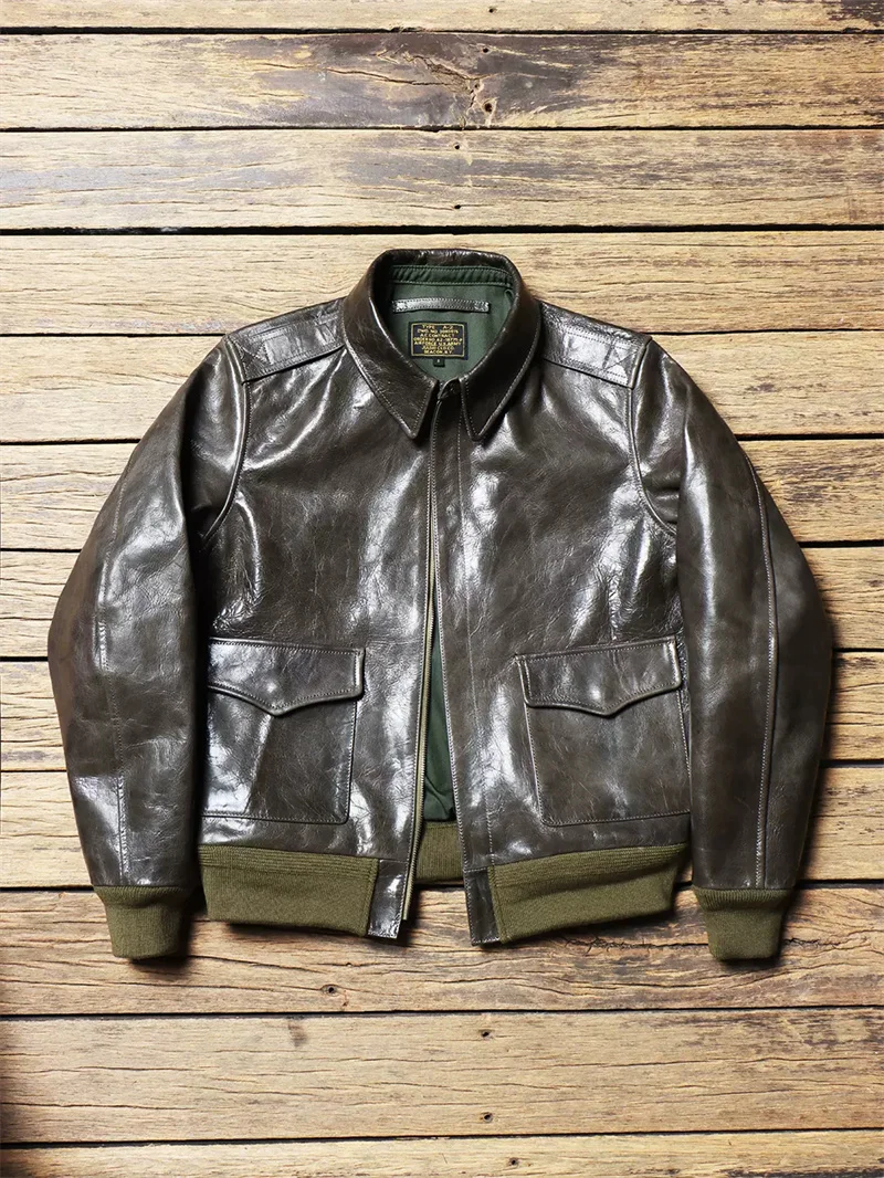 Olive Green Spring A2 Pilot Leather Jacket Men Military Style Plus Size 4XL Natural Sheepskin Flight Genuine Leather Coat