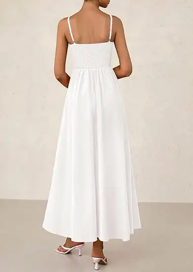 Boho Beach Vestito estivo Donna Sexy senza maniche Grande altalena Abito lungo Solido Spaghetti Strap Ruffles Dress Summer Vestidos Lady Robes