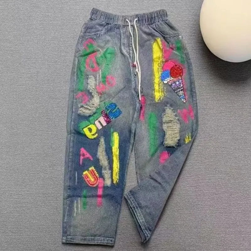 

Fashion Graffiti Sequins Letter Elastic Waist Jeans for Women Streetwear Trend High Waist Casual Loose Denim Harem Pants