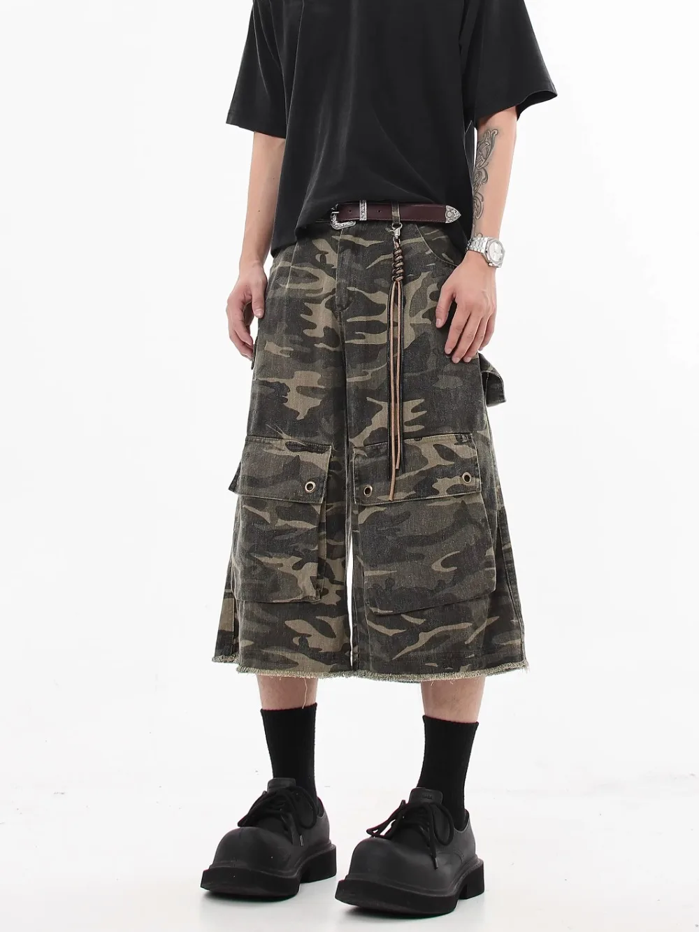 Calf-Length Pants Retro Wash Camouflage Cropped Pants Men\'s Summer Loose Multi-pocket Cargo Shorts