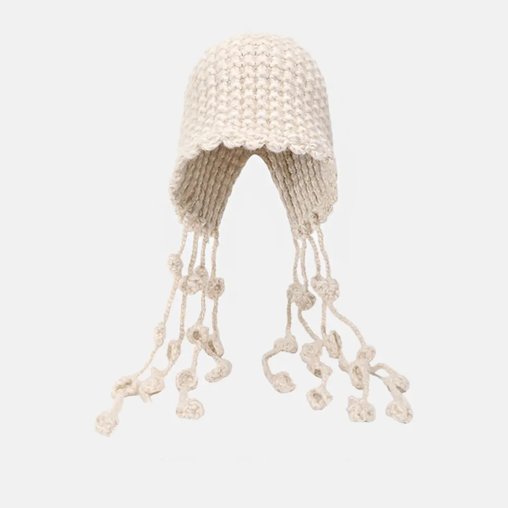 

Fashion Tassels Crochet Knitted Hat Bohemian Style Handmade Knit Cap Korean Hollow Out Weave Cap Outdoor