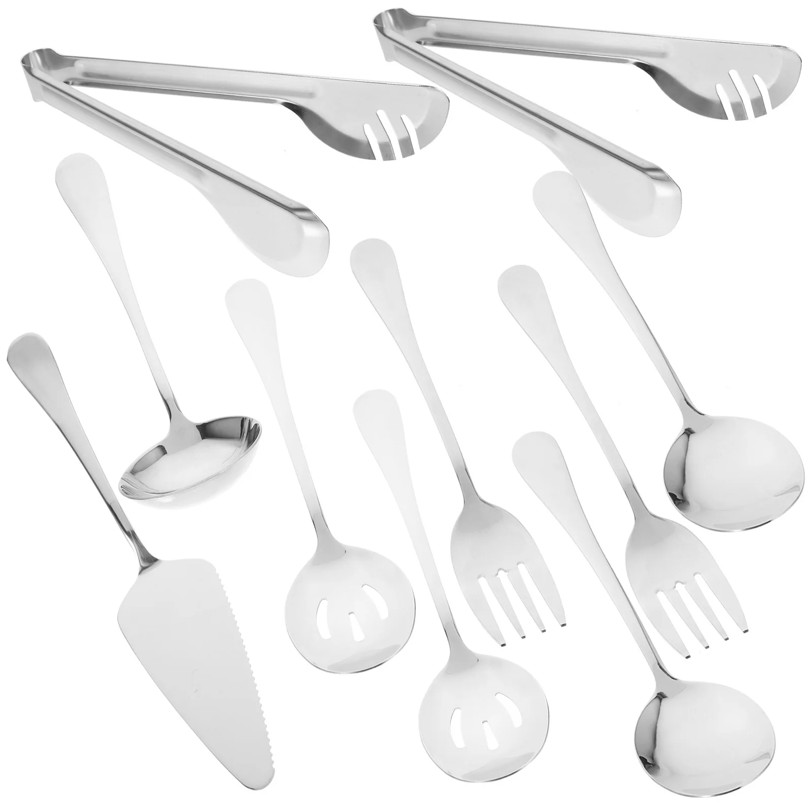 

1Set Stainless Steel Kitchen Utensils Set Reliable Slotted Spoon Soup Ladle Spatula Fork Steak Tongs for Home Party Catering