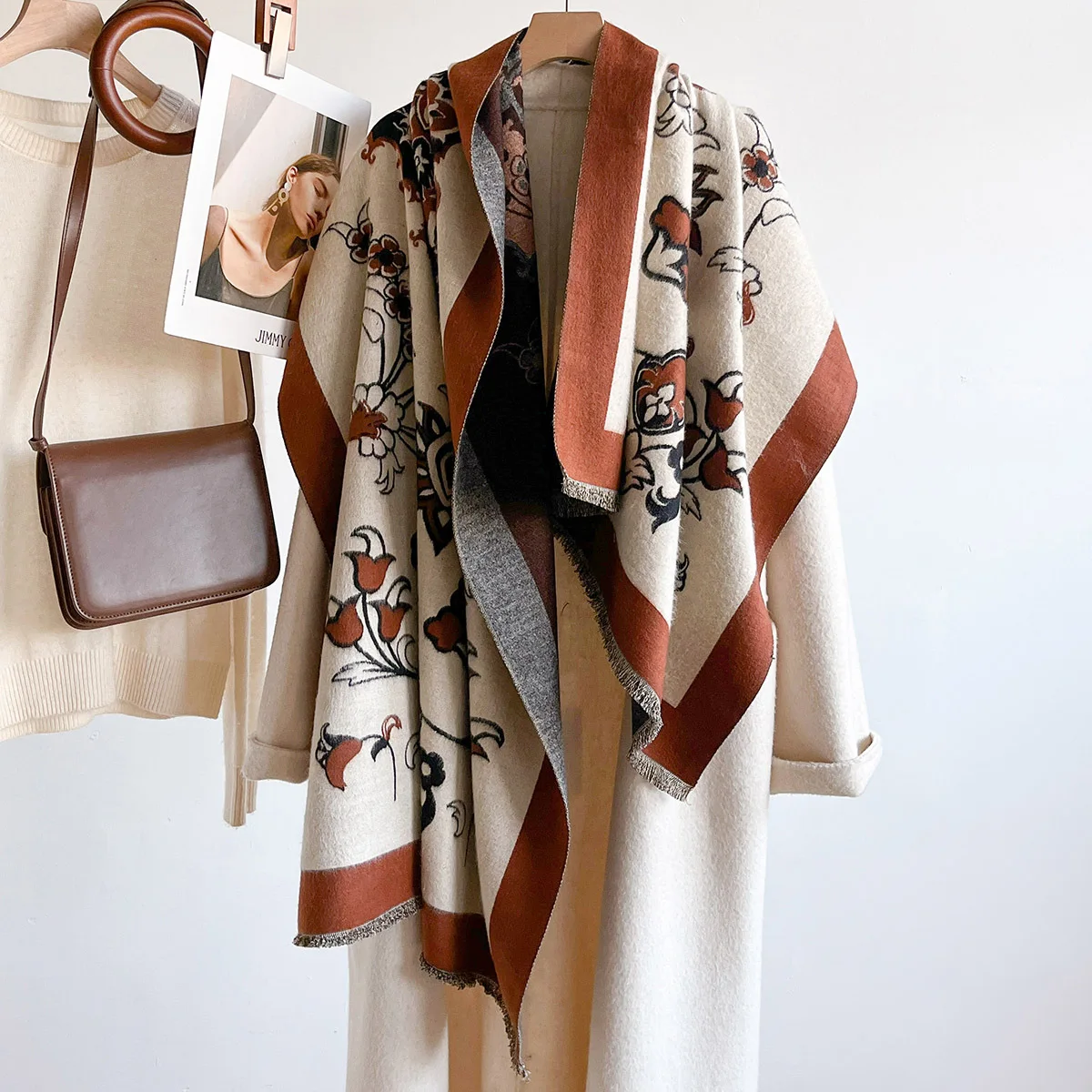 Elegant Women's Floral Jacquard Pashmina Shawl - Winter Thick Warm Double-Sided Tassel Design Coldproof Windproof Blanket Scarf