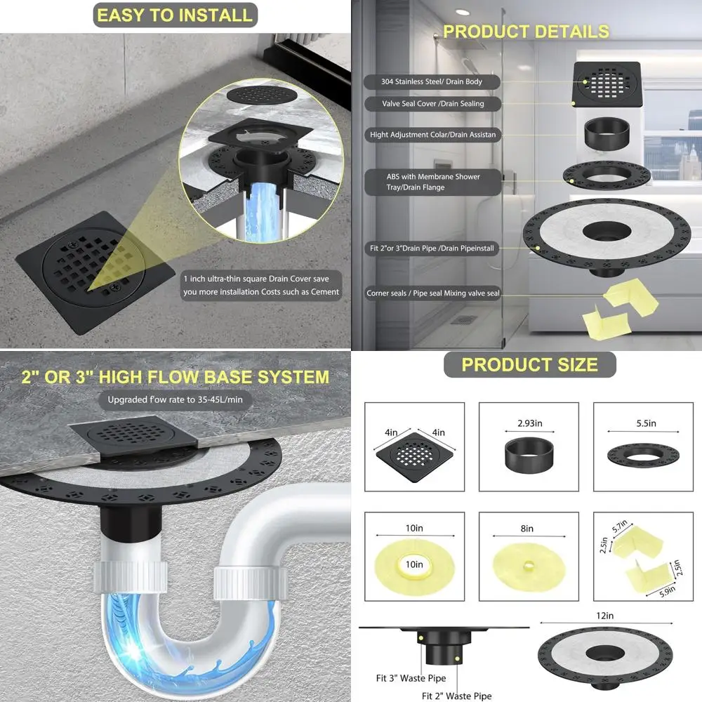 

Matte Black Schluter Kerdi Shower Drain Kit - 4 Stainless Steel Grate, 2 ABS Flange, Waterproof, CUPC Certified