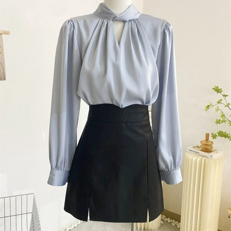 French Style High-end Drape Shirt Design Sense Niche Temperament Autumn Winter Base Long Sleeved Top Gray Blue Trendy Shirt