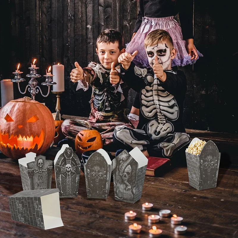 6pcs Paper Halloween Popcorn Bucket Halloween Party Scene Decoration Skull Tombstone Candy Cookie Packaging Box