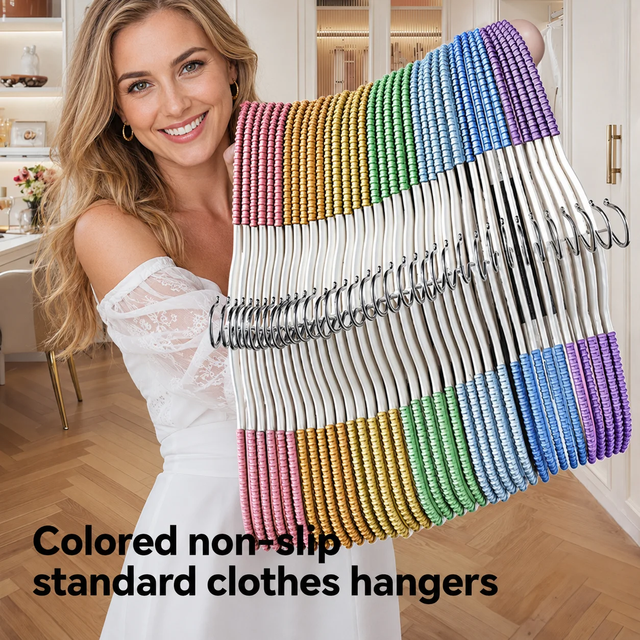 Joybos 28 Pack Adult Non-Slip Clothes Hangers, 7 Colors for Weekly Outfit Planning, Rainbow Grip Plastic Hangers with No Shoulder Bumps, Slim Space Saving Closet Hangers with Pants Bar & 360° Swivel Metal Hooks