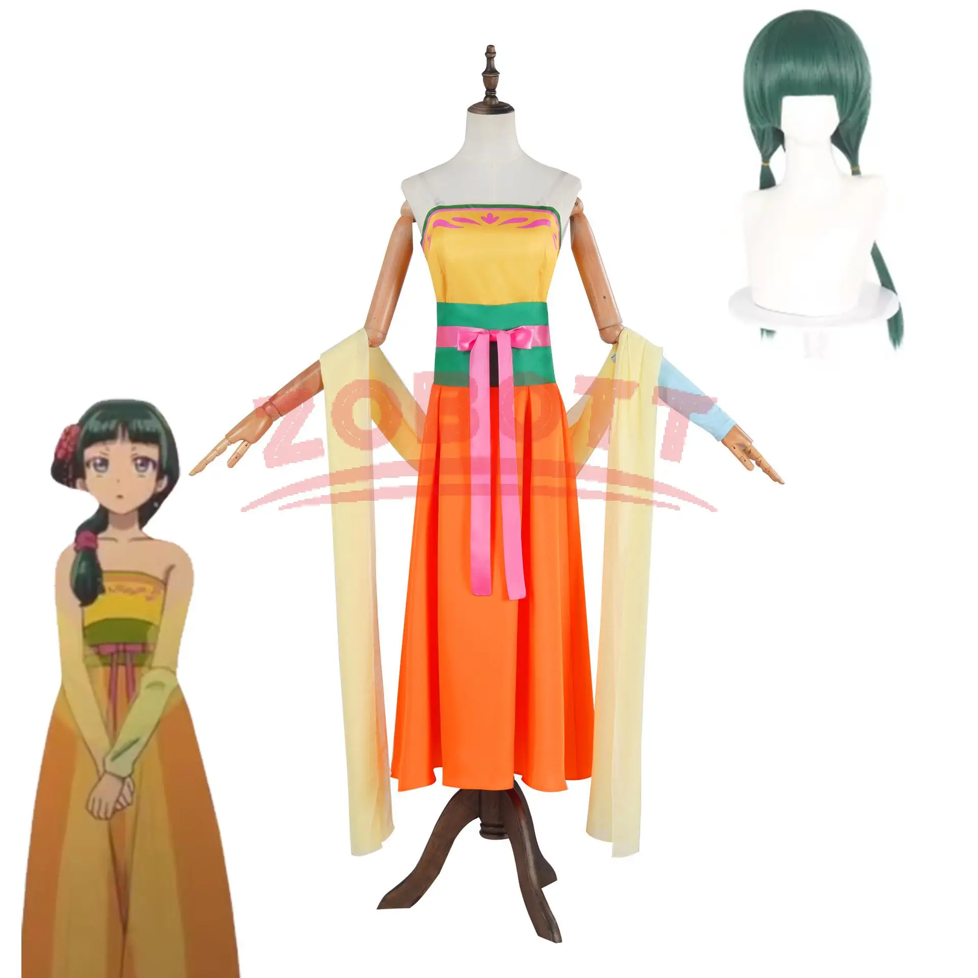 

Anime The Apothecary Maomao Cosplay Wig Earrings Green Hair Clothing Yellow Tube Dress Anime Cosplay Costume