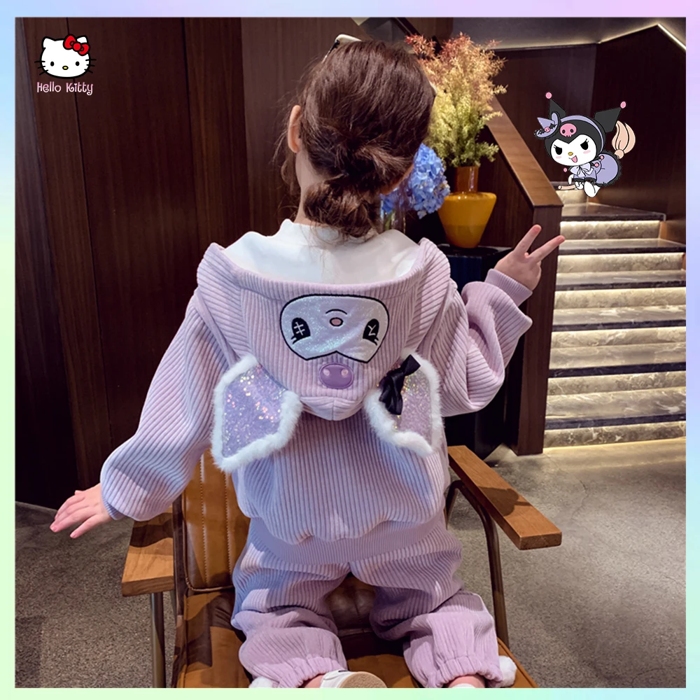 Winter Kuromi 2Pcs Girl's Plush Jacket Anime Sanrios Jacket Pants Melody Kawaii Korean Autumn Cartoon Casual Fashion Wear Kids