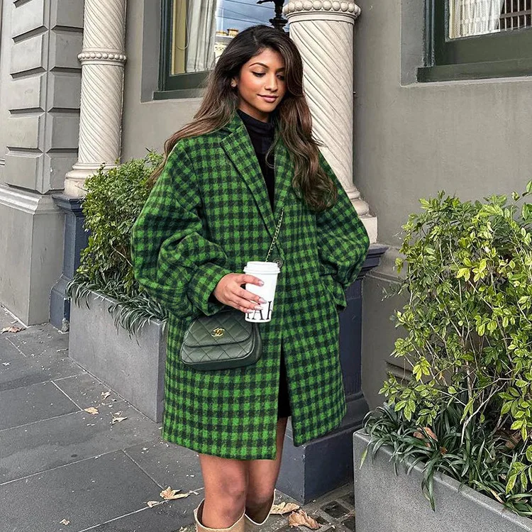 2024 Women's Checkered Long Green Boyfriend Style Loose Autumn/Winter Wool Coat