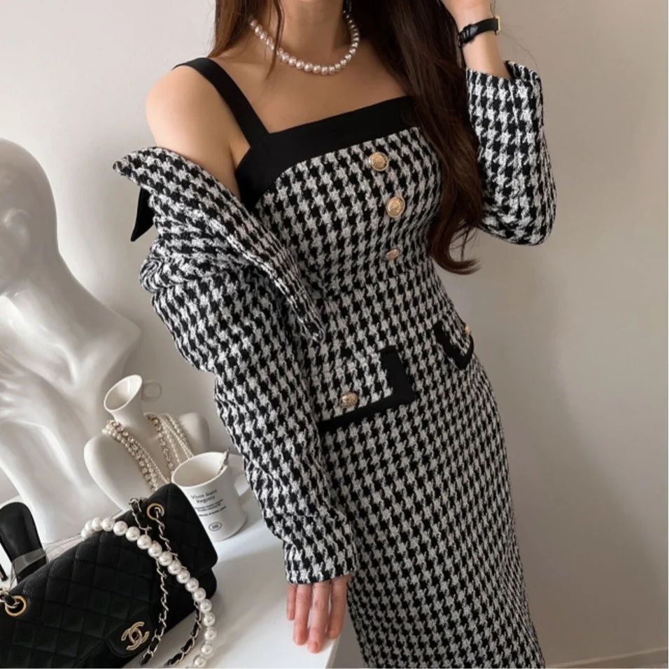 Chic automne Vintage ort sur mesure manteau et jupe ensemble femmes Plaid coupe ajustée Dr tenue coréenne Sle printemps automne hiver