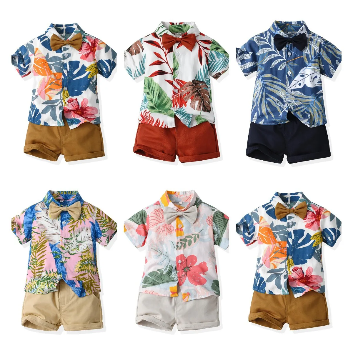 Boy Summer Clothing Boys' Flower Shirts and Short Pants Set Cotton Vacation Beach Style Short-sleeved Flower Shirts and Shorts