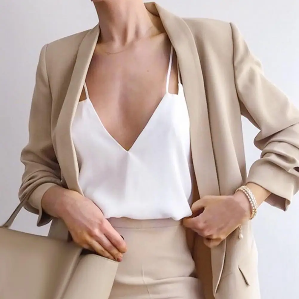 Women Blazer Fake Pocket Long Sleeve Casual Suit Jacket Office Lady Solid Color Outwear Korean Style Women Suit Coat Streetwear