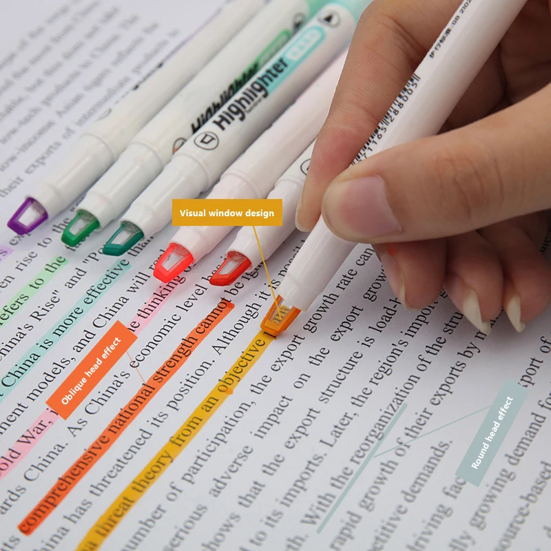 6 Colors/Set School Stationery Supplies Unique Window Tip Highlighter Pen Double Head Pastel Color Midline Highlighters Marker