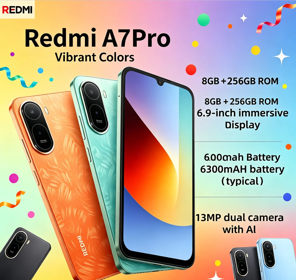 Must‑Own 2026 Redmi A7Pro Global Version Android Gaming Phone 8GB RAM 256GB ROM Helio G85 Chip 6.9 Inch FHD+ Full‑View Display
