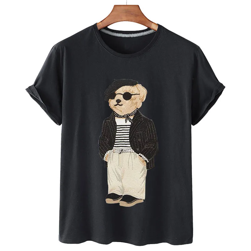 100% Cotton Gentleman Bear Print T-shirts Summer T-shirts Women's Short Sleeve O-neck T-shirts Unisex Plus Size Women's T-shirts