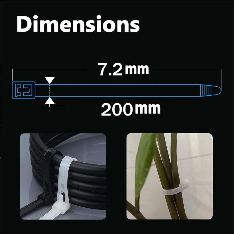 Practical-100pcs laços zip reutilizáveis 7.9 Polegada, laços de cabo liberáveis branco 50lbs tração, envoltórios de gravata ajustáveis para gerenciamento de cabos