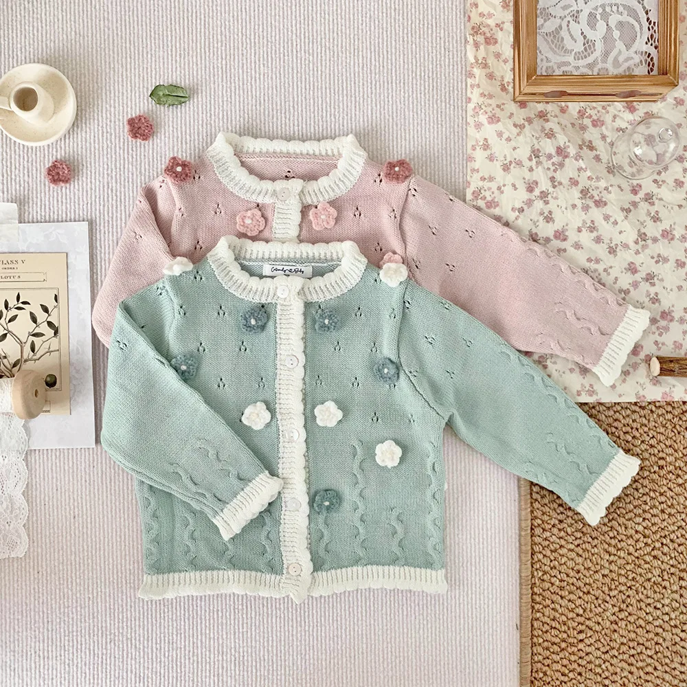 Girls Sweater 2024 Fall New Childrens Sweater Crewneck Cardigan Sweater Girls Treasure Hand Hook Flower Contrast Color Casual