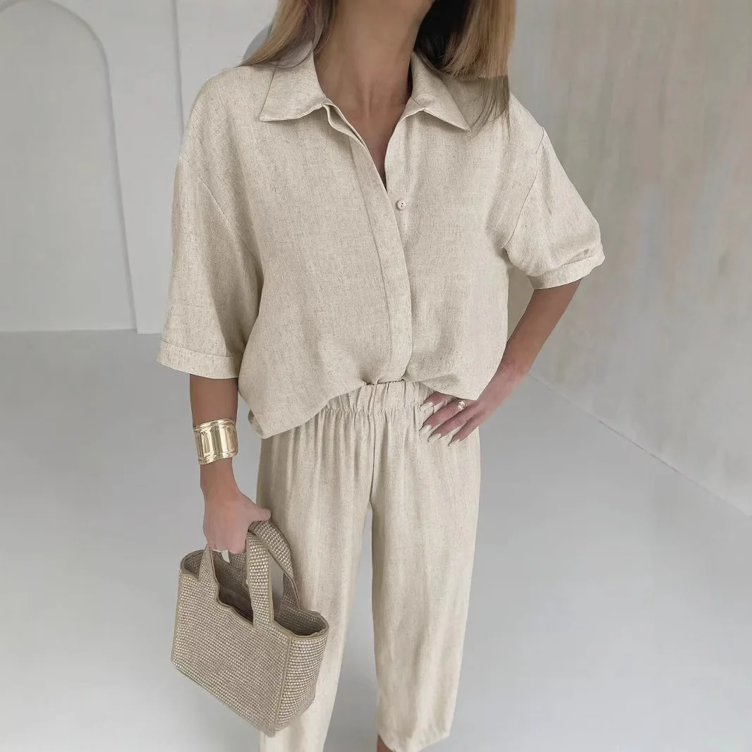 

Casual Women's Shirt Pants Set Half Sleeve Lapel Button Women's 2025 Summer Fashion 2-piece Set