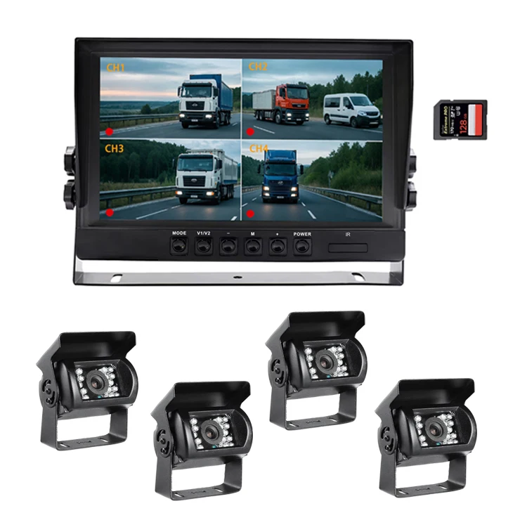 9 Inch AHD Quad Split Screen Monitor 4CH Night Vision Waterproof Rear View Reverse Camera System For Truck RV Vehicle Monitoring