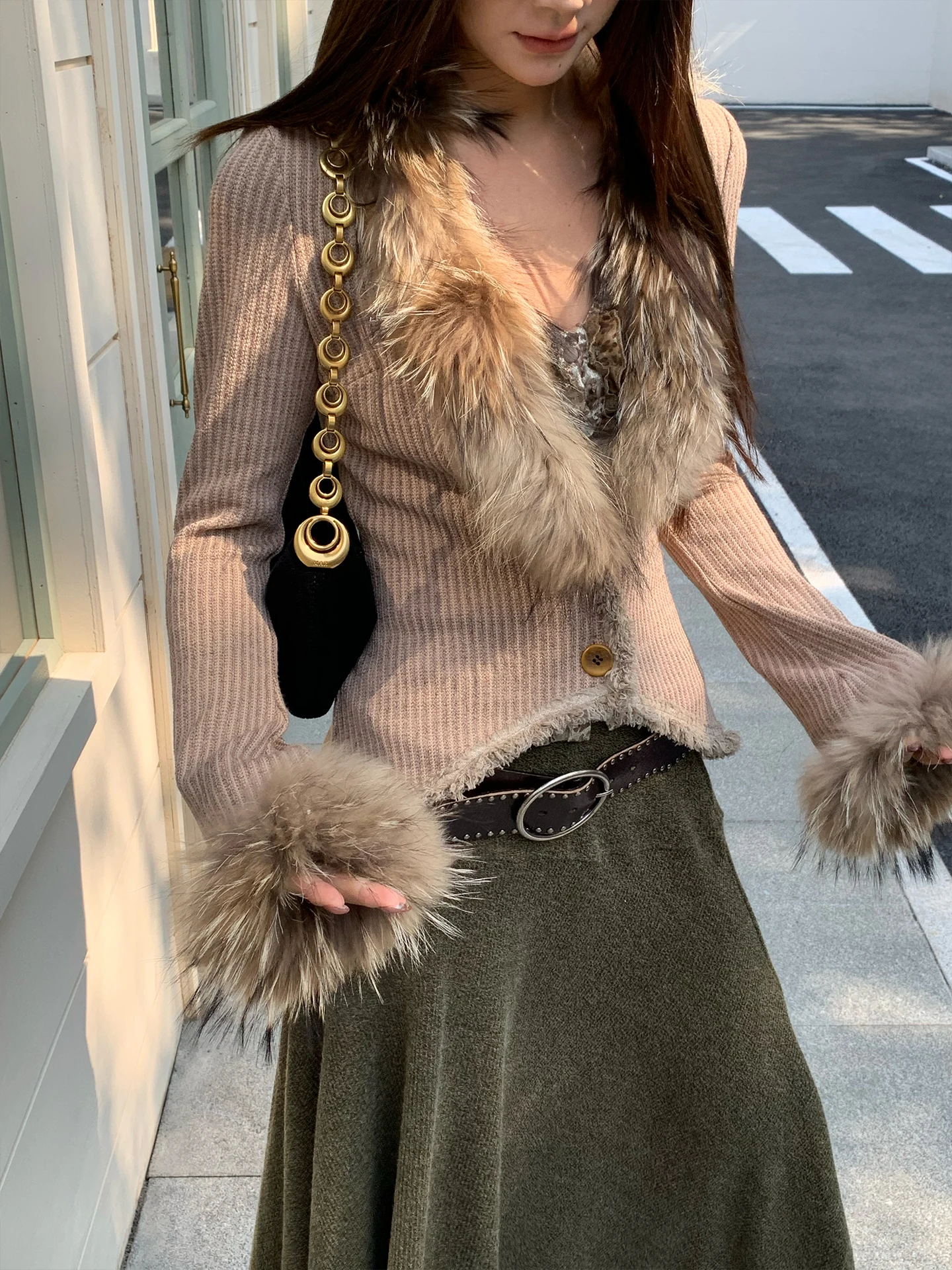 

Early Spring Design ex Removable Fur Collar Knitted Open Cardigan Women's Versatile Slimming Top Polyester Fiber Long...