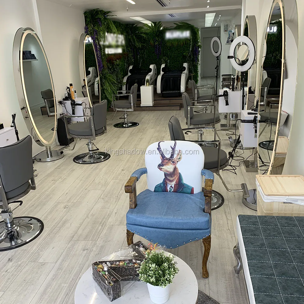 Móveis de salão de beleza dupla face led espelhos de maquiagem estações de estilo estação de espelho de beleza oval metal salão de beleza cuidados de beleza moderno