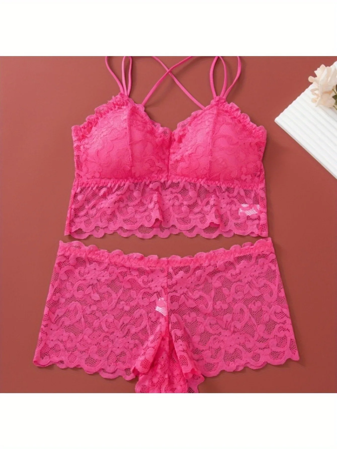 Conjunto de roupa íntima de renda feminina, 8 peças, 4 peças de sutiã + 4 peças de calcinha, design traseiro reunido sem fio para uso diário casual/moda