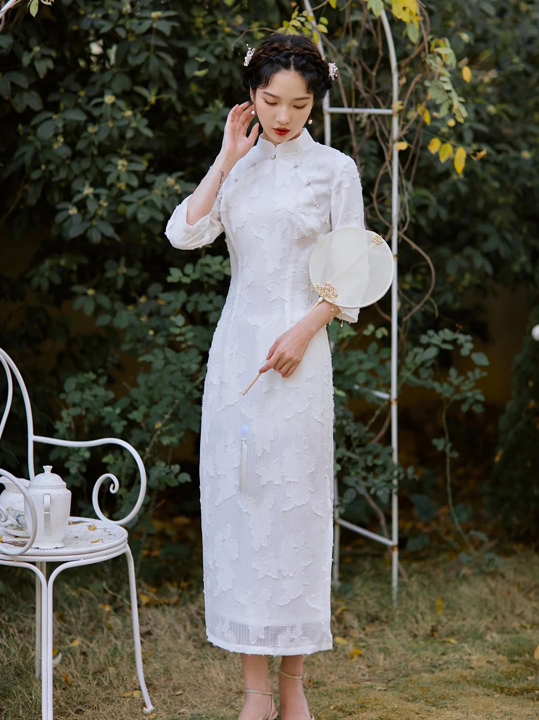 

Young Girl's Ele Jasmine Scented Dr Improved Version Long Sve Floral Patterned Daily Wear Low Slit