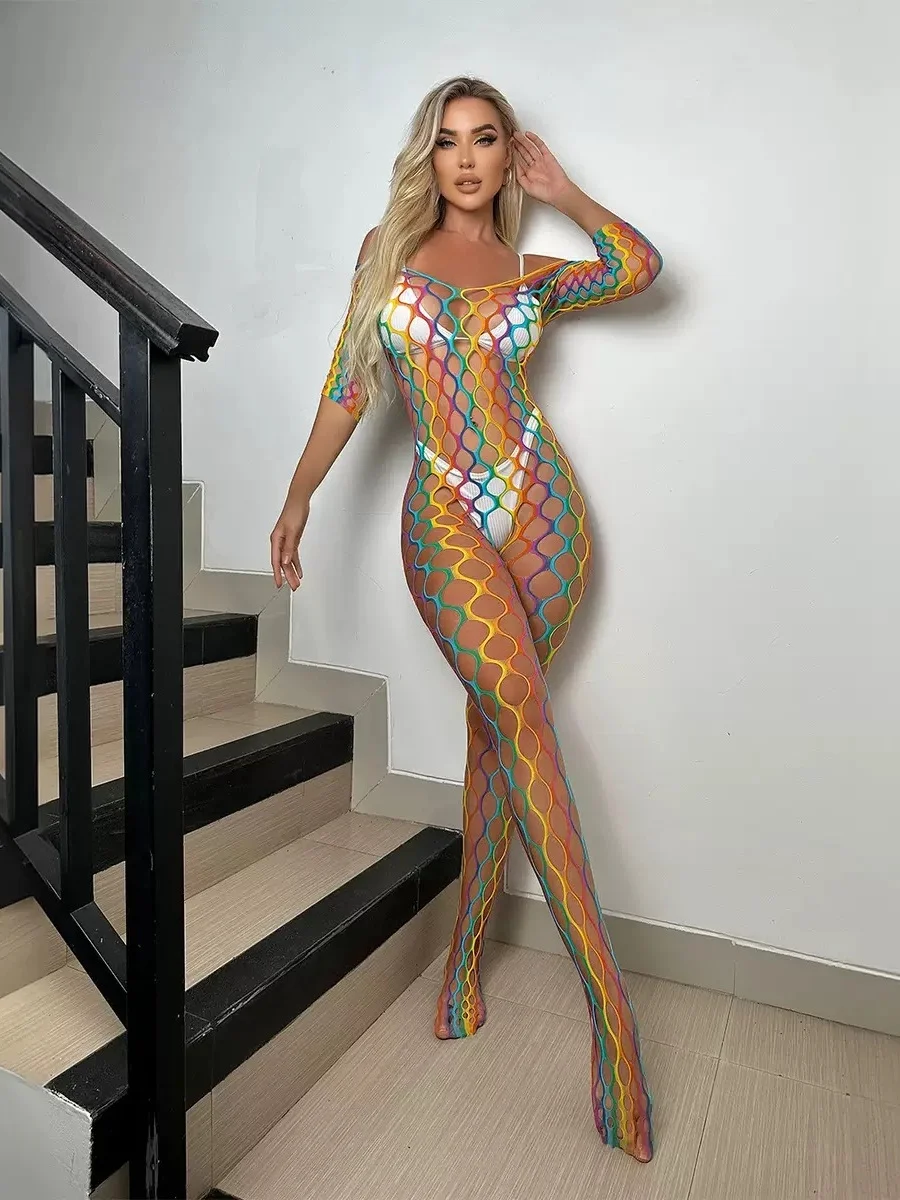 Women's Sexy Rainbow Fishnet Bodysuit - Long Sleeve Sheer See-Through Lingerie, Open Crotch , Erotic Mesh Clubwear view 5